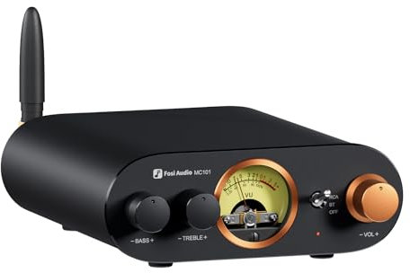 Fosi Audio MC101 Bluetooth 5.3 Hi-Fi Verstärker mit VU Meter, 100W x 2 Stereo Verstärker 2 Kanal mit TPA3116 Amp Chip, Bass und Treble Control, Class D Verstärker für Heimlautsprecher