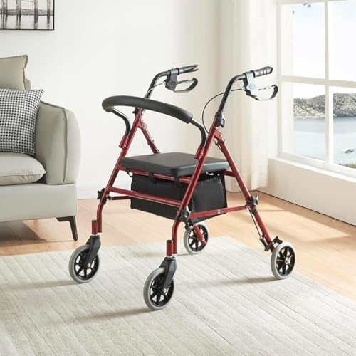 Panana Folding Rollator, Lightweight Mobility Walker with Padded Seat,Lockable Brake and Carry (15cm Wheels Red)