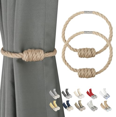 BEL AVENIR Magnetic Jute Curtain Tiebacks, Decorative Drapery Holdbacks Bohemian Style Woven Tie-Backs with Exquisite Knot (Jute, 2 Pack)