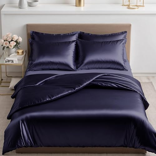Cozyor Satin Bettwäsche 155x220 extra dick und weich mit robustem Reißverschluss 2X Kissenbezug 80x80 cm, edles Satin 3-teilig, dunkelblau Ocean