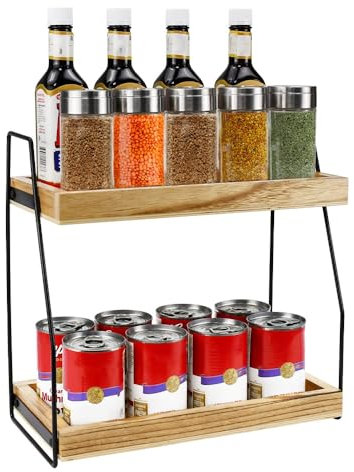 HEKOBAG Porta Spezie Legno per Cucina Mensola Portaspezie a 2 Livelli Portaspezie Salvaspazio Legno Scaffale Portaspezie Cucina per Caffè, Barattoli di Spezie, Bustine di Tè, Snack, 34 * 18 * 33cm
