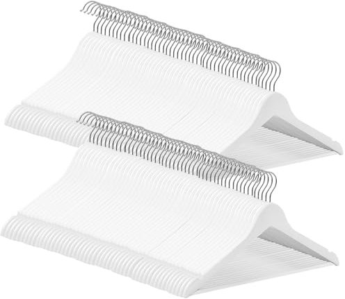 ABHENG Kleiderbügel Holz 100 Stück, Holzbügel mit Rutschfester Hosensteg und 360° drehbarer Haken, Einkerbungen im Schulterbereich, Hergestellt aus Naturholz, 44,5B x 23Hcm, Weiß+Silbern,AWY03100W
