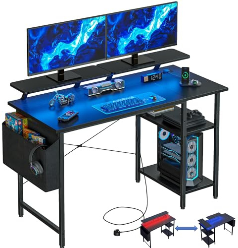DOMSHOCT Gaming Desk with LED Lights & Power Outlets, Reversible Computer Desk with Storage Shelves,Small corner desk, for Home Office & Study, 100×50cm Black