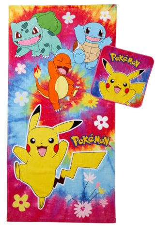 Franco Pokemon Gamer Kinder-Bad/Pool/Strand, weiche, saugfähige Baumwolle, Frottee-Handtuch mit Waschlappen, 2-teiliges Set, 127 x 63,5 cm, offizielles Lizenzprodukt