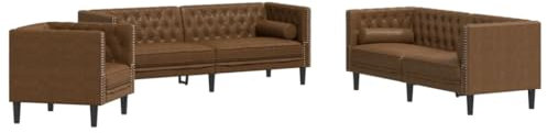 vidaXL Soffgrupp chesterfield 3 delar bolsterkuddar brun konstmocka, soffgrupp, vardagsrumssoffa, mockasoffa, soffgrupper, vardagsrumssoffor