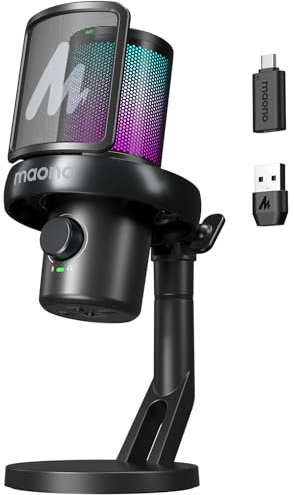 MAONO Wireless Microphones for PC, Gaming Mic with Software AI Voice Change, One-tap Noise Cancellation, Custom EQ, Adjustable RGB Light, Monitoring, for Gaming, Podcasting, Streaming, DM40 White