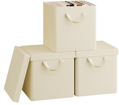 WOLTU Fabric Storage Boxes Set of 3, Folding Baskets with Lids, Handles, Metal Frame, Wardrobe Toy Organisers for Living Room, Bedroom, Office, Cream, 27x27x27cm