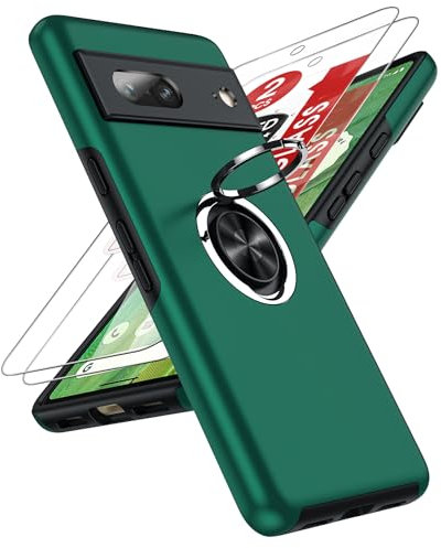 LeYi for Google Pixel 7 Phone Case with 2 Screen Protector and Invisible Metal Ring Stand Holder, Shockproof Protective Mobile Cover for Googlepixel 7 5G - Green