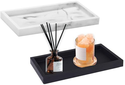 Bathroom Tray, 2 Pack Vanity Tray Silicone Trays for Cosmetics Rectangular Bathroom Decorative Trays Organiser for Candles Jewelery Kitchen Decor (Black + White)
