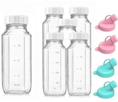 AOSEE 6 Bottiglie Per Latte in Vetro con Coperchio, 500ml Riutilizzabili Per Riutilizzabili Per Conservare Il Latte, Bottiglie Quadrate con Beccuccio Versatore, Dispenser (500ML-6Pack)