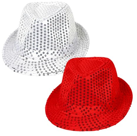 SAIIURV 2 Pièces Chapeau à Paillettes Unisexe pour Adulte, Tenue Disco, Chapeaux de Jazz à Paillettes, Chapeau Hip-hop, Accessoire de Costume Disco pour Fête, Carnaval, Clown (Argent, Rouge)