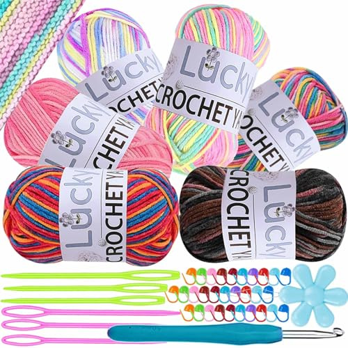 Crochet Yarn Double Knitting Wool (6X50g), Multicoloured Acrylic Yarn Crochet Wool with Aluminum Crochet Hooks Stitch Markers for DIY Craft Blankets Socks Dolls (01 Multi-Color)