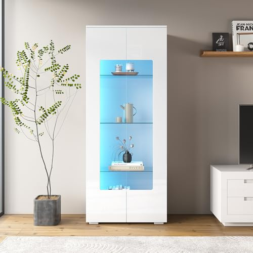 Kebnor 70 x 40 x 173 cm, vetrina per soggiorno con 2 ante in acrilico, vetrina lucida con striscia luminosa a LED, armadio portante in vetro temperato, ampio armadio alto, MDF, bianco