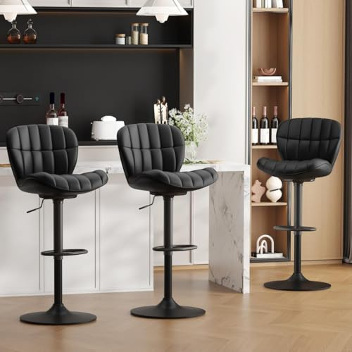 Ckaff Tabouret de Bar Lot de 3, Tabouret de Cuisine Pivotants 360°,Chaise de Bar Réglable en Hauteur avec Similicuir avec et Repose-Pieds, Dossier pour Cuisine, Comptoir, Bar, Noir