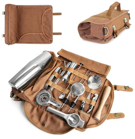 Bolsa de Barman portátil, Bolsa de Viaje para coctelera, Juego de Gran Capacidad Canavs Bartender Kit Case Correa de Hombro Ajustable Estuche de Transporte portátil (sin (Café)