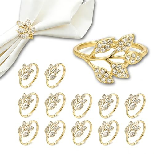 Servilleteros Individuales Diseño Hoja 12 Piezas, Anillos para Servilletas Dorados, Hebillas de Servilletas, para Bodas, Cenas, Festivales, Comedores, Navidad, San Valentín, Pascua, Acción
