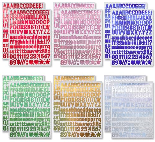 12 Sheets Glitter Alphabet Stickers, 1860 Pcs Mini Letter Stickers, 0.5 Inch Self Adhesive Vinyl Letters and Numbers for Scrapbook, Water Bottle, Crafts