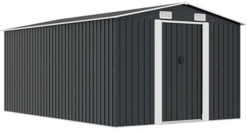 Verktygshus i metall antracit 257 x 392 x 181 cm, väderbeständig trädgårdsskjul med ventilationsgaller, skjutdörrar, verktygsskjul för förvaring och förvaringsutrymme