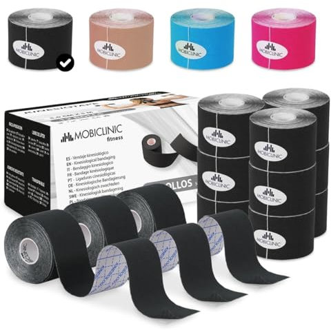 Mobiclinic®, Confezione da 12 Rotoli di Kinesiotape, Fascia Neuromuscolare Adesiva, 5 m x cm, Tape Sportivo, Alleviamento del Dolore Muscolare, Bendaggio Kinesiologico (Nero)