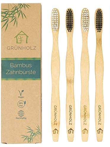 Premium Bambus Zahnbürste von Grünholz im 4er-Set - Hochwertige Holzzahnbürste - Vegan, BPA-frei und umweltfreundlich