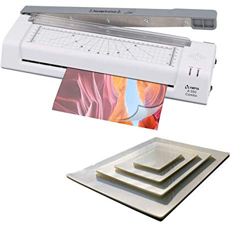 Olympia – Professionelles Laminiergerät A350 bis DIN A3-A7 im Set | inkl. Schneidegerät & Kantenschneider| Mit 100 Folien – 20x A4, 20x A5, 20x A6, 40x Visitenkarten 60 x 95 mm