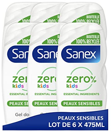 SANEX – Gel de ducha cero% Kids – Gel de ducha infantil – Cuerpo y cabello – Biodegradable y vegano – 475 ml – Juego de 6