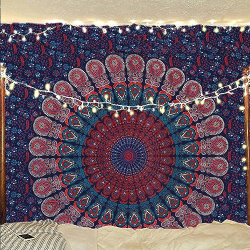 Bless International - Tapiz hippie, indio, bohemio, psicodélico, de mandala de pavo real para colgar en la pared, para el dormitorio universitario, playa, como mantel, ropa de cama (azul medianoche