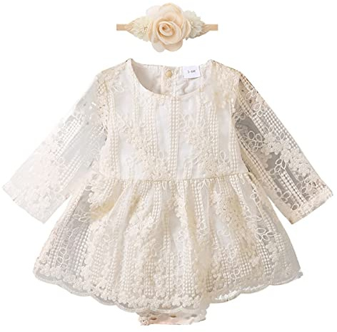 IMEKIS Pelele de encaje para bebé y niña, vestido de princesa, cumpleaños, sesión de fotos, manga de mosca, volantes, tutú con cinta para la cabeza, boda, bautizo, fiesta, Beige 2, 3-6 Meses