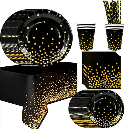 Black Gold Party Tableware,Serves 24 Black and Gold Dot Paper Party Tableware Set - Paper Plates and Cups Napkins Tablecloth etc
