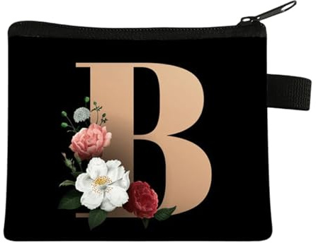 FAVORTALK Coin Purse Women Initial Purse Small Coin Pouch Portable Coin Bag Zipped Mini Slim Coin Purses for Girls Men Black Flowral Wallets - 13604