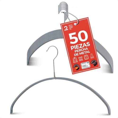 MAWA Grucce Appendiabiti, Set di 50 Grucce Salvaspazio e Antiscivolo, Ideali per T-Shirt e Maglioni, Gancio Girevole 360°, Rivestimento Antiscivolo, 40 cm, Argento