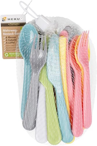 HEKU Juego de cubiertos reutilizables de 18 piezas en colores pastel, de material PP, ligero y resistente, apto para lavavajillas y microondas