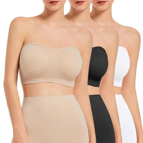 SIMIYA 3 Pcs Strapless Bras for Women, Bandeau & Seamless Bralettes with Stretchy Tube Top Design, Soft Silicone Clear Straps Bra with Removable Pads