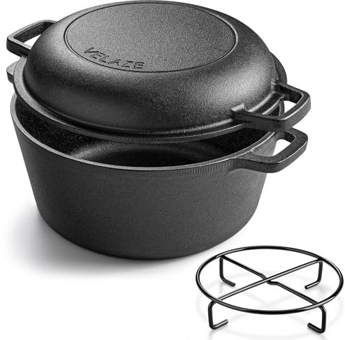 Velaze Gusseisen Topf Brot Backen, 5L Dutch Oven 26cm, Robuste Brotbackform mit Deckel, Eingebrannter Schmortopf mit Untersetzer, Brottopf Brotbacken Doppelfunktion Deckel & Bratpfanne