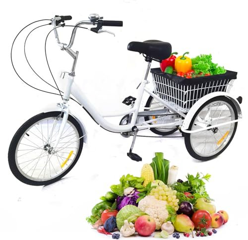 RUETERY 20 tum 8 hastigheter trehjuling för vuxna, lastcykel, justerbar höjd 3 hjul cykel för vuxna, med korg, för underhållning, shopping eller sport