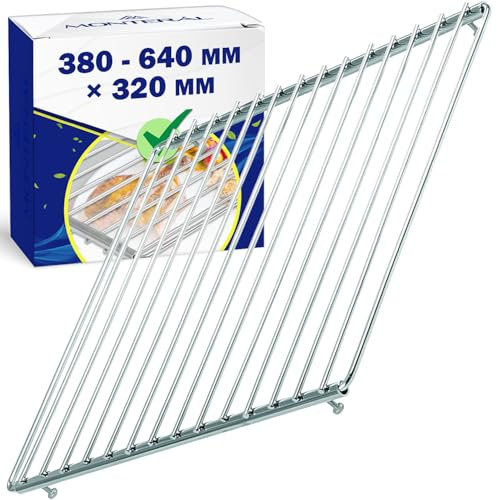 Grille coulissante pour barbecue 38 cm à 64 cm x 32 cm. Fabriqué en acier inoxydable chromé et équipé de vis fraisées et clé de montage. Fabriqué en Italie. MONTERAL