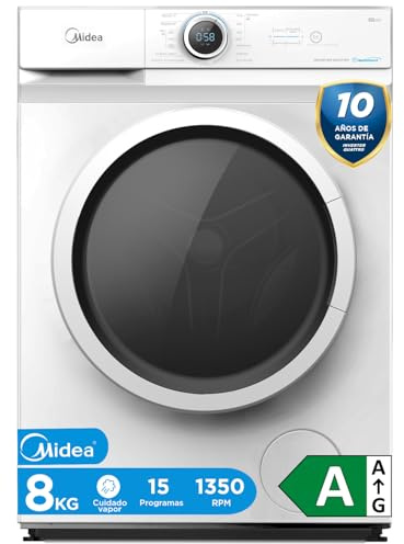 Midea Lavadora 8kg Carga Frontal 1950W, 1350 rpm con Motor Inverter - Lavadoras con 15 Programas y Tecnología Healthguard - Washing Machine Bajo Consumo, Lavado Rápido, Función Vapor y Modo Eco