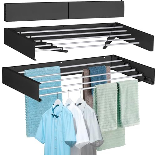FOCHIER F Laundry Drying Rack Wall Mounted Clothes Drying Rack Collapsible with 5 Aluminum Rods and Drilling Template Long Screwdriver Bit 60 lbs Capacity (Black, 23.6“)
