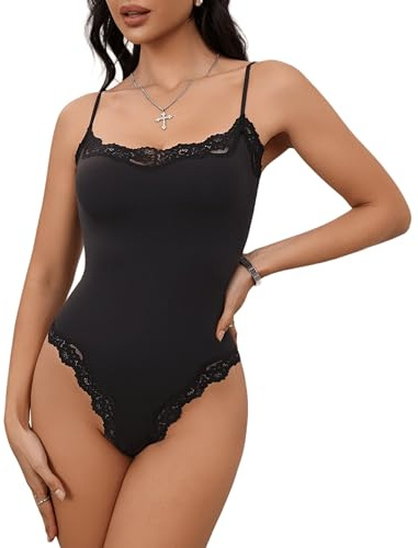 Starrylion Lace Bodysuit Square Neck Sleeveless Bodysuits Sexy Going Out Tops Black Coal XS
