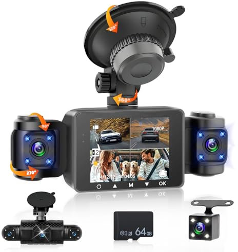 Fuluku 360 Gradi 4 Canali Dash Cam Tutto Intorno 1080P Dashcam Auto, 3 Pollici IPS Schermo con 64GB/G-Sensor/Telecamera Posteriore/Modalità di Parcheggio 24H/Visione Notturna/Registrazione in Loop