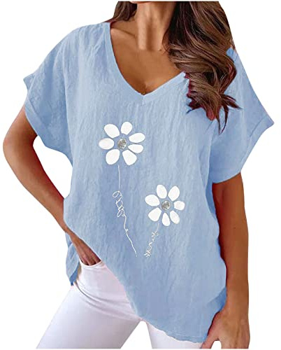 Camiseta Mujer Lino Algodón Manga Largo Camisa Blusa Ligero Verano Moda Casual Estampado de Flores Cómodo Suelto Cuello en V Tops T-Shirt Elegante Basic tee Talla Grande Transpirable