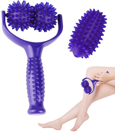 Massagerulle med handtag, massageapparat fasciaboll med noppor, utbytbar massagerulle med 3 igelkottar, massageboll, igelkott, fotmassage för ben, retch armar, axlar, muskelsmärta (blå)