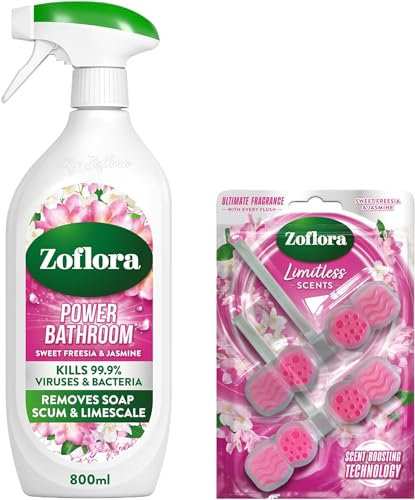 Zoflora Sweet Freesia & Jasmine Bundle - Power Bathroom Cleaner 800 ml & Rim Blocks, 2 x 131g Pack