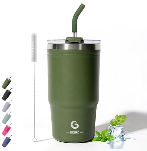 BIGRD Thermobecher mit Strohhalm und Deckel auslaufsicher 591ml,Kaffeebecher to go aus Edelstahl doppelwandig isoliert,Coffee to go Becher für zu Hause, Büro und Outdoor,4h heiß und 8h kalt,Olivgrün