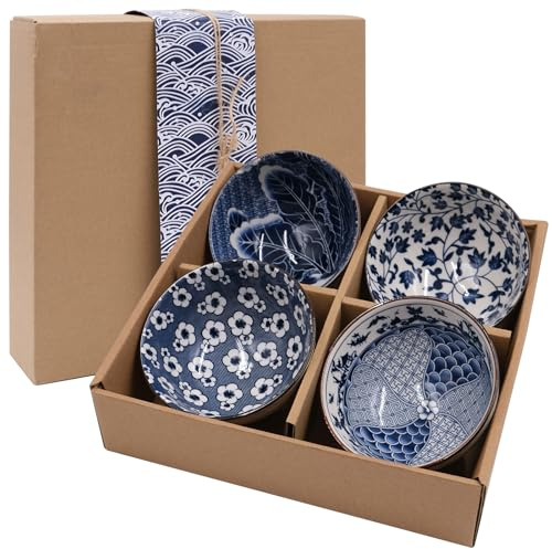 Fahibin 4Pcs cuenco de arroz con caja de regalo, ensaladera Diseños japoneses,cuencos de porcelana para cereales de porcelana,300 ml, para sopa, ensalada, postre, aperitivos