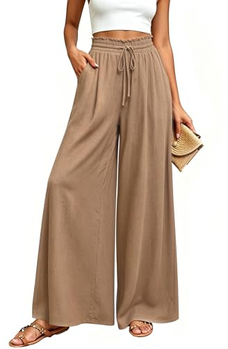 Koerye Pantalones Mujer Verano Anchos Comodo Ligeros Pantalon Casual Palazzo Ligeros Pantalones Elegantes Elástica Pantalon con Bolsillos Caqui,L