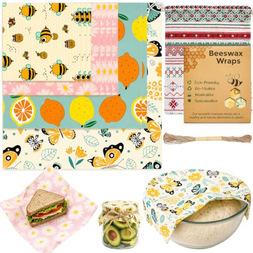 Amentalove 10 Paños de Cera de Abeja en 4 Tamaños, Algodón Orgánico, Cera de Abeja Natural, Envoltorio Cera de Abeja Reutilizable, Tela Encerada para Alimentos para Sándwiches Queso Fruta Aperitivos