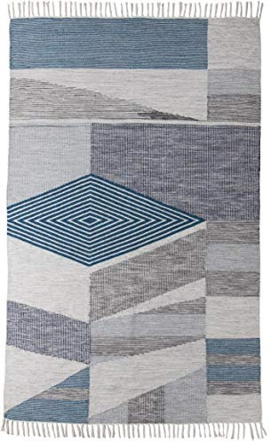 TOM TAILOR Vintage Kelim Teppich, Ethno Look, 80% Schurwolle & 20% Baumwolle, Farbe:Türkis, Größe:65 x 135 cm