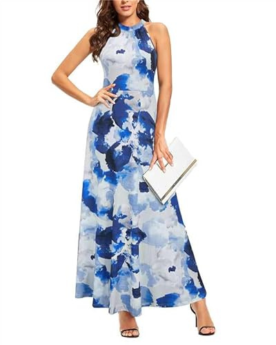 STYLEWORD Women's Floral Print Sleeveless Off Shoulder Elegant Summer Dress Halter Neck Maxi Long Dress (Floral09,XL)