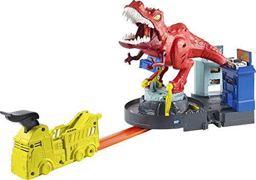 Hot Wheels GWT32 - City T-Rex Attacke Dinosaurier Trackset Spielset mit Auto, Spielzeug Autorennbahn ab 5 Jahren, Abweichungen in Verpackung vorbehalten